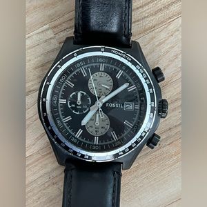 Fossil Men’s Watch Chronograph Black Leather Strap Black Dial Stainless Case